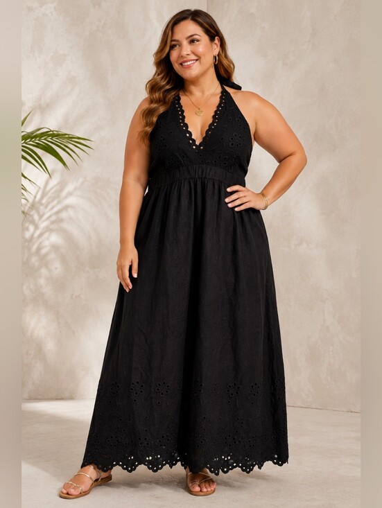 Adrianna Papell Dresses & Skirts - 🖤 Adrianna Papell Woman Black Eyelet Embroidered Maxi Dress | Size 18W | Linen